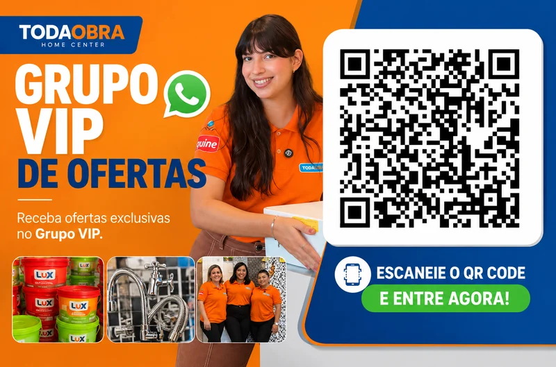 Convite para o Grupo VIP de ofertas da Toda Obra Home Center no WhatsApp, com uma
vendedora da loja, fotos de tintas, metais e da equipe, e um QR code para
entrar no grupo